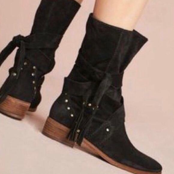 SEE BY CHLOE Studded Dasha Tassle Suede Boots Black Fringe Women’s Size 6 NWOB - Picture 2 of 14